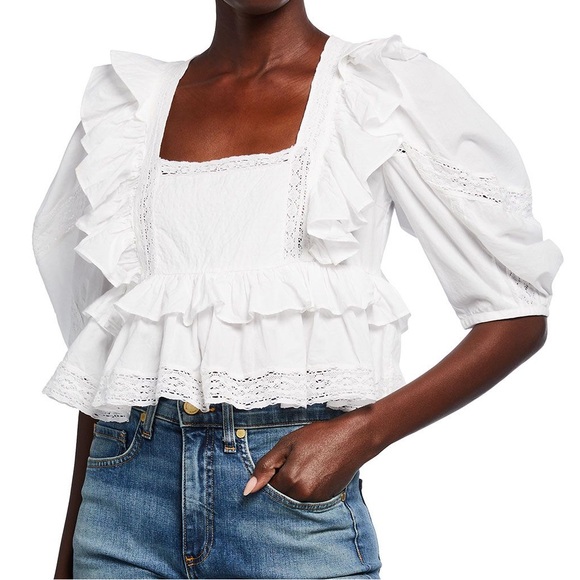 RHODE Charlotte Lace and Ruffle Cotton Peasant Blouse with puff sleeves … (LG) - Picture 2 of 9